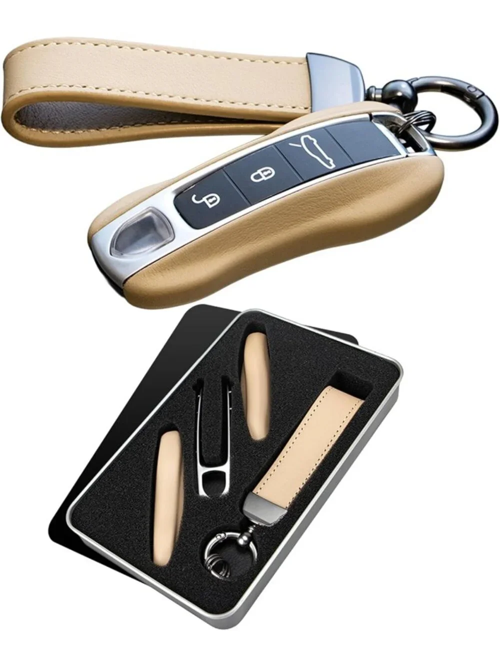 Beige Calf Leather Key Fob Cover for Luxury Cars - Stylish & Durable Accessory